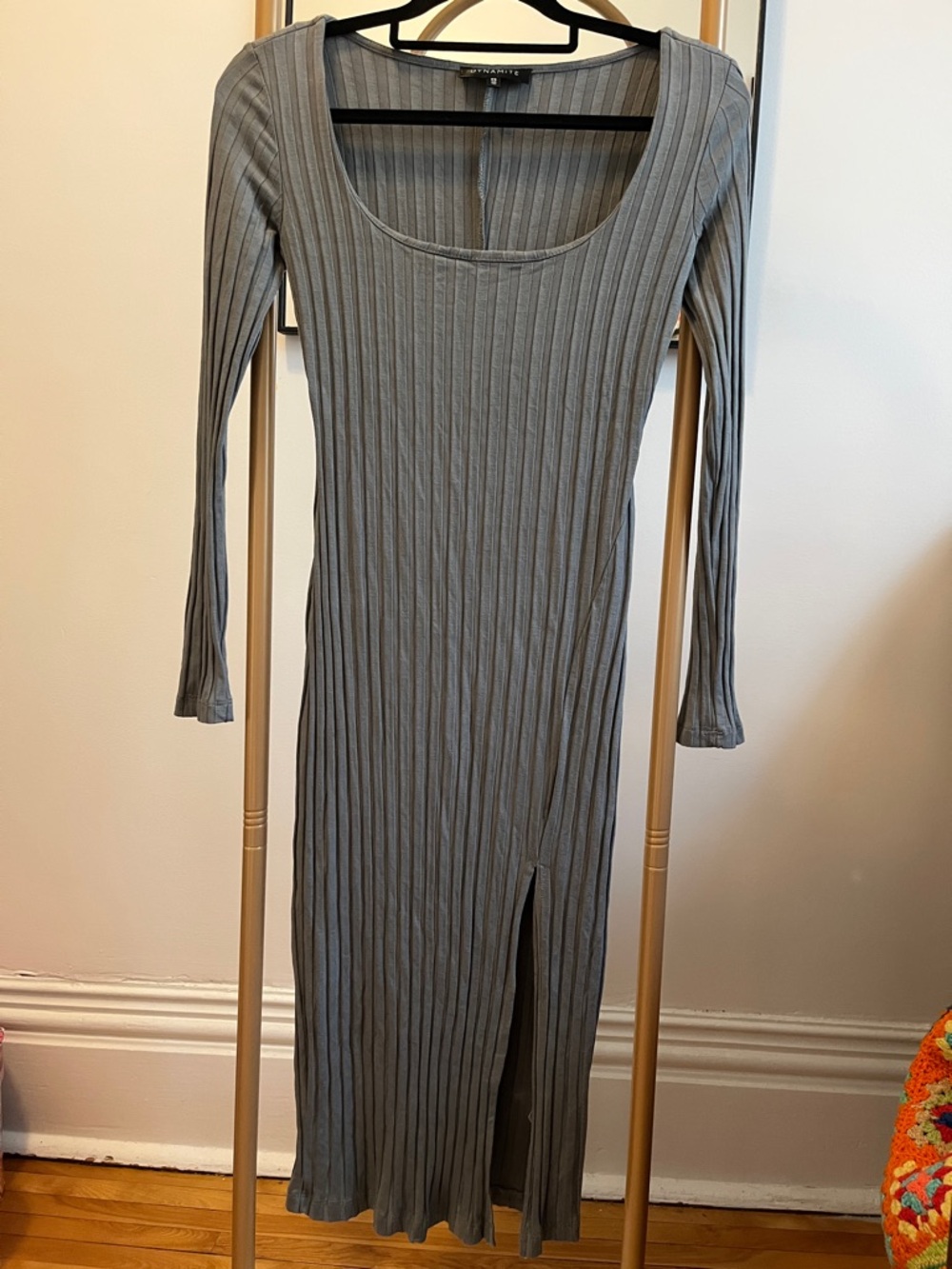 Dynamite Grey Ribbed Long Sleeve Midi Dress with Front Slit